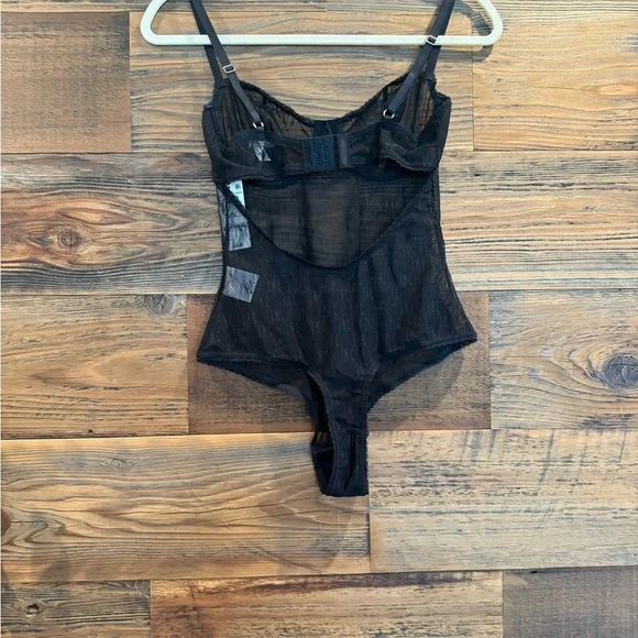 INC International Concepts Black Sheer Monogram Bodysuit - Picture 2 of 7